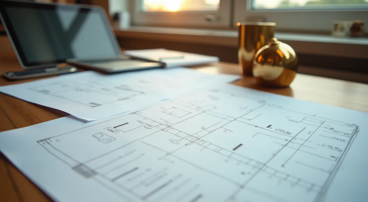 A minimalist workspace featuring architectural blueprints and brass tools, representing structured enterprise data architecture.