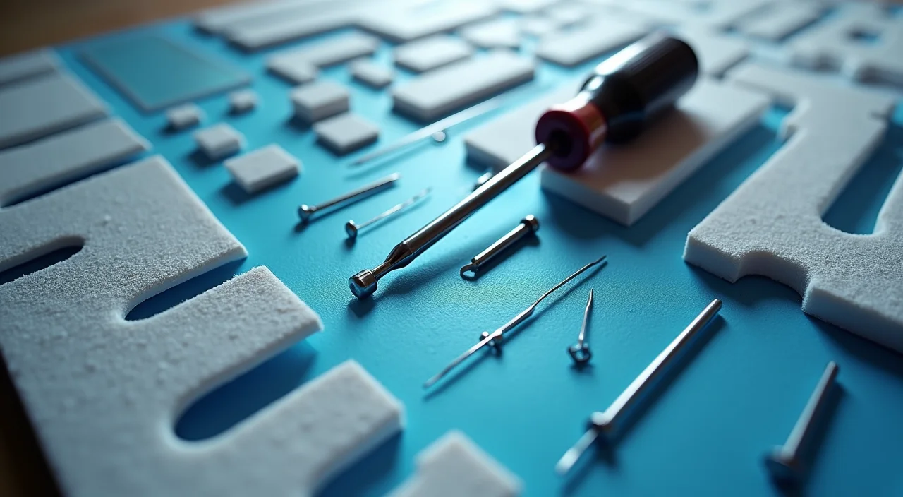 A precision screwdriver set arranged in foam cutouts on a matte surface, symbolizing the detailed technical audit required for database migration.