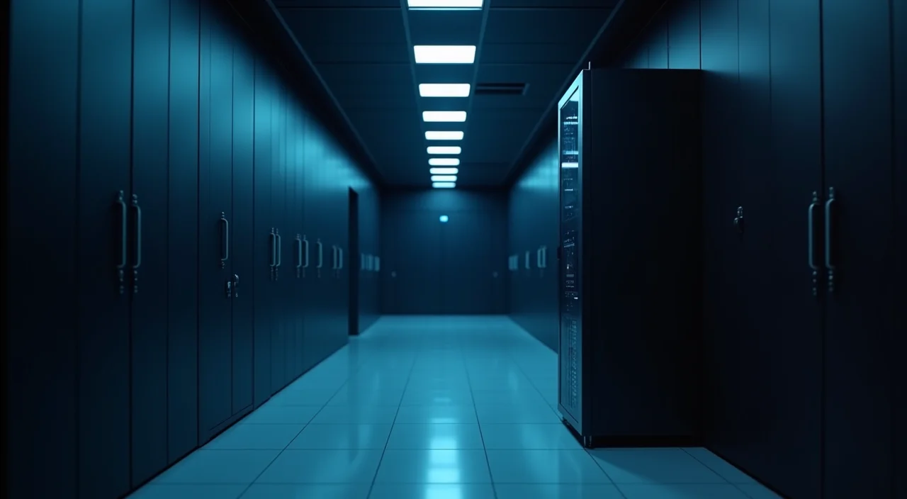 A solitary server rack illuminated by cyan light in a dark data center, symbolizing enterprise database infrastructure evaluation.