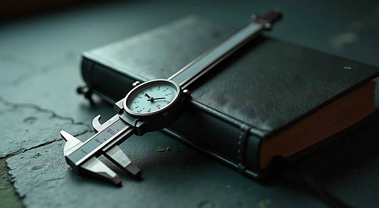 A steel caliper measuring a dark ledger book on a slate surface, symbolizing rigorous TCO validation for enterprise database migration.