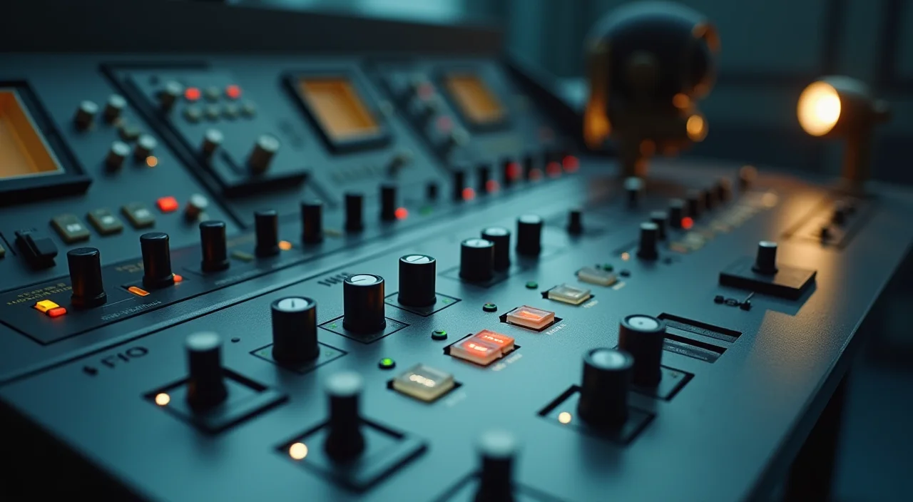 Close-up of an industrial control panel with unlabeled dials and metallic textures under focused lighting